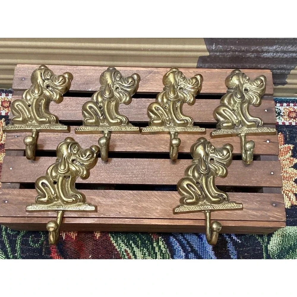 Vintage Brass Metal Pluto Wall Door Coat Hooks Dog Hound Shape Hangers Set of 6